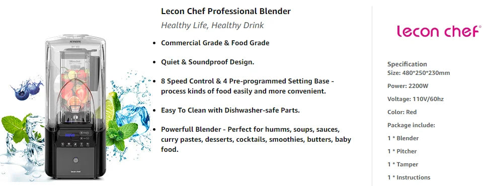 Commercial Quiet Shield Blender 2200W Lecon Chef Professional