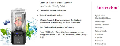 Commercial Quiet Shield Blender 2200W Lecon Chef Professional